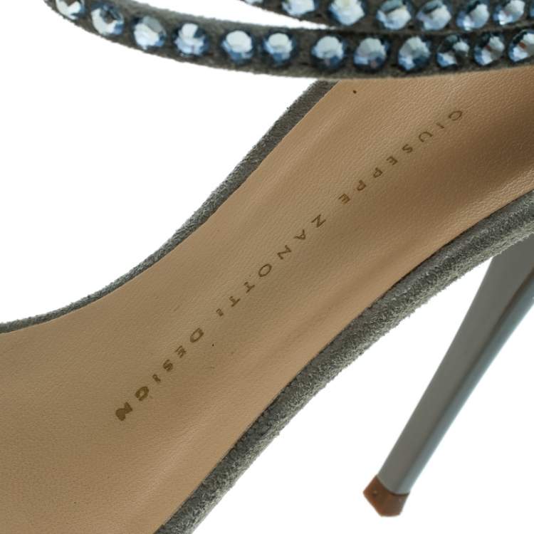 Pre Owned Giuseppe Zanotti Grey Suede Crystal Embellished Ankle Strap Open Toe Sandals Size 40