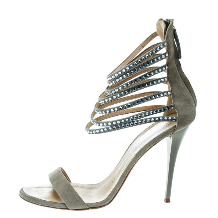 Pre Owned Giuseppe Zanotti Grey Suede Crystal Embellished Ankle Strap Open Toe Sandals Size 40