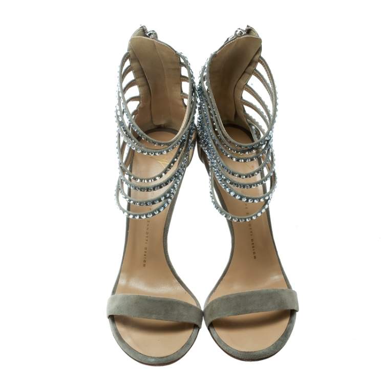 Pre Owned Giuseppe Zanotti Grey Suede Crystal Embellished Ankle Strap Open Toe Sandals Size 40