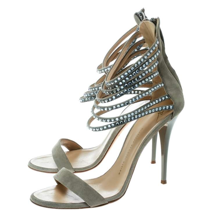 Pre Owned Giuseppe Zanotti Grey Suede Crystal Embellished Ankle Strap Open Toe Sandals Size 40
