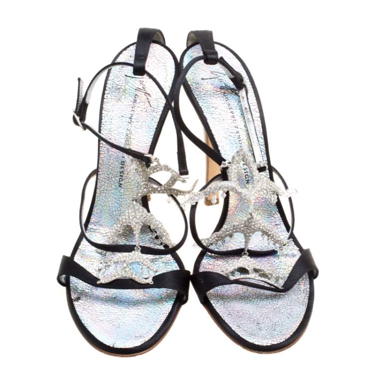 Pre Owned Giuseppe Zanotti Black Satin Crystal Embellished Strappy Sandals Size 38.5