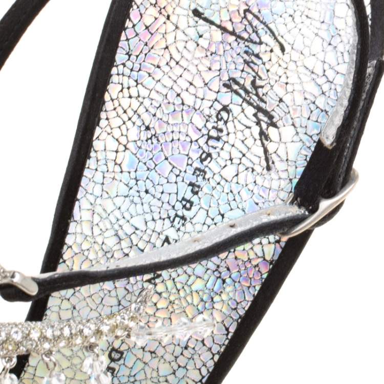 Pre Owned Giuseppe Zanotti Black Satin Crystal Embellished Strappy Sandals Size 38.5