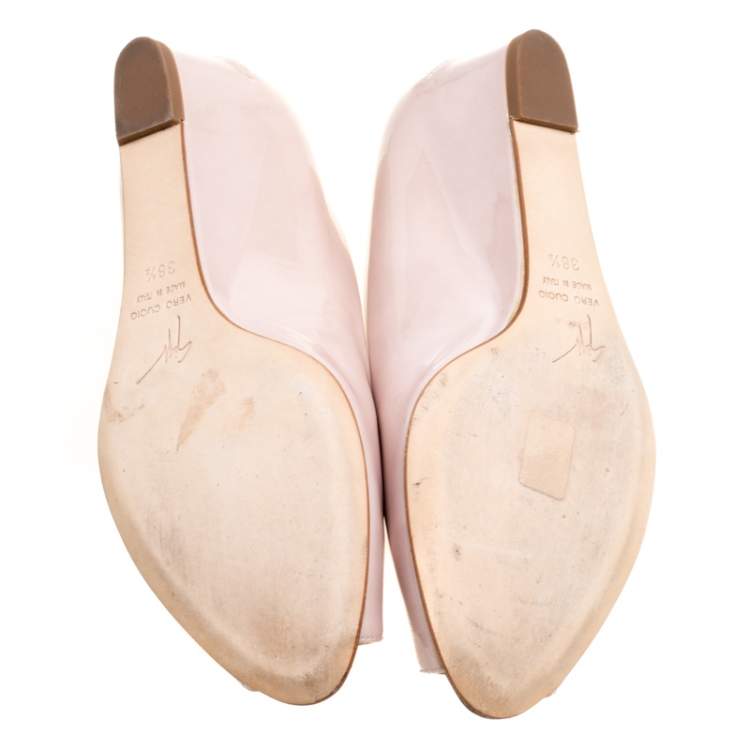 Pre Owned Giuseppe Zanotti Beige Patent Leather Wedge Heel Peep Toe Pumps Size 38