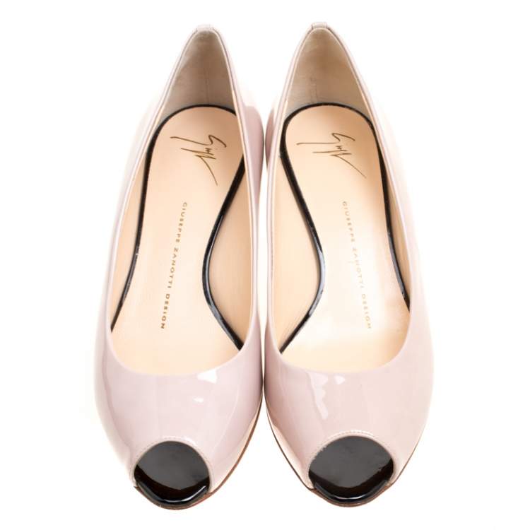 Pre Owned Giuseppe Zanotti Beige Patent Leather Wedge Heel Peep Toe Pumps Size 38