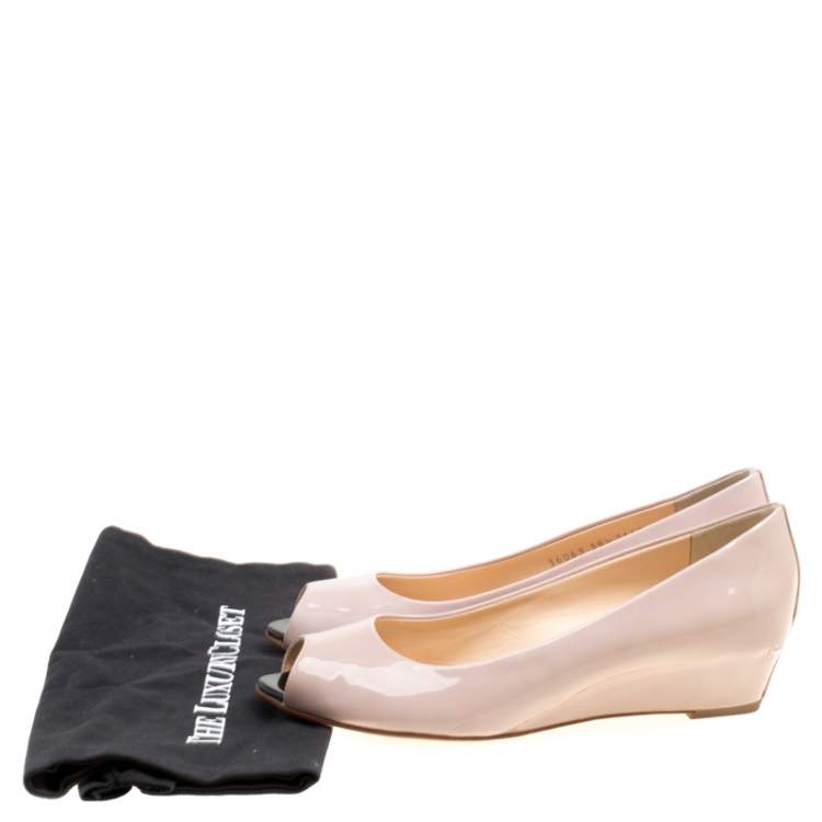 Pre Owned Giuseppe Zanotti Beige Patent Leather Wedge Heel Peep Toe Pumps Size 38