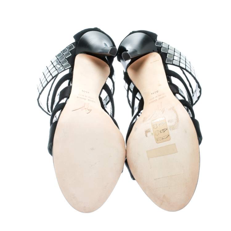 Pre Owned Giuseppe Zanotti Black Suede Mirror Strappy Sandals Size 36.5