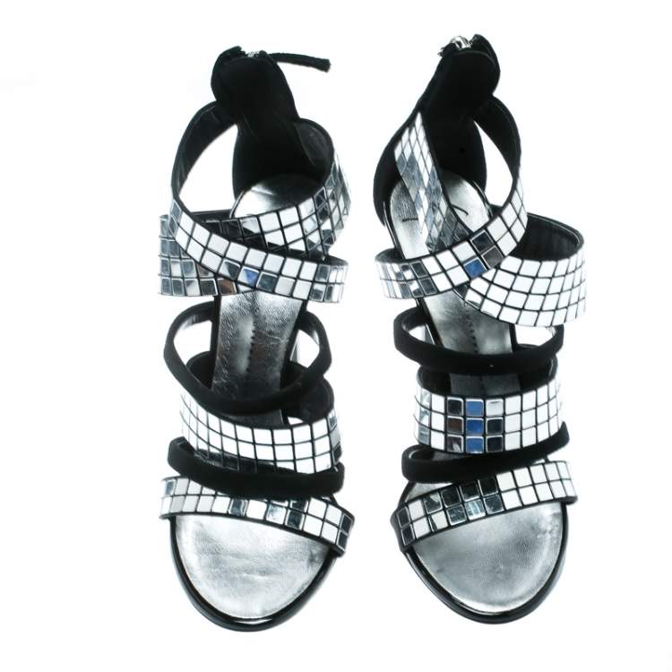 Pre Owned Giuseppe Zanotti Black Suede Mirror Strappy Sandals Size 36.5