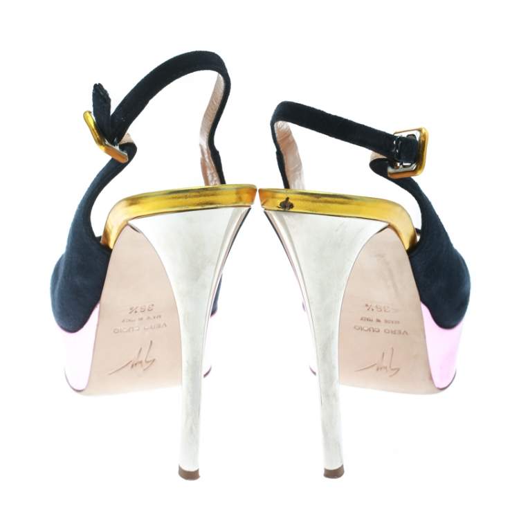 Pre Owned Giuseppe Zanotti Multicolor Suede And Leather Peep Toe Platform Slingback Sandals Size 36.5