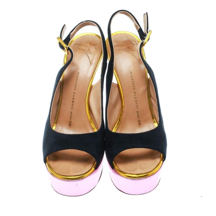 Pre Owned Giuseppe Zanotti Multicolor Suede And Leather Peep Toe Platform Slingback Sandals Size 36.5