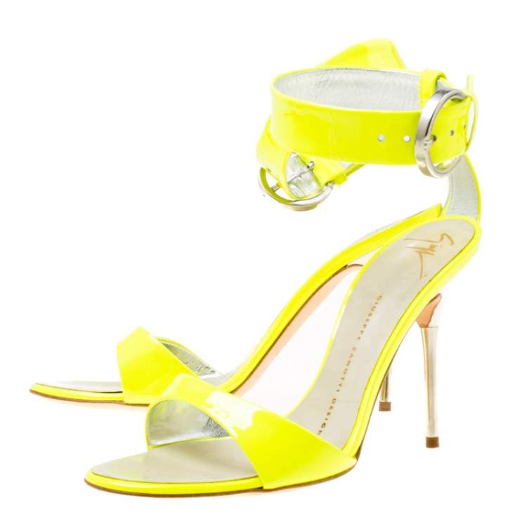 Pre Owned Giuseppe Zanotti Fluorescent Green Patent Leather Ankle Strap Open Toe Sandals Size 36