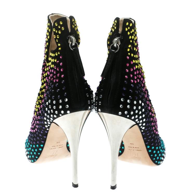 مملوكة مسبقًا Giuseppe Zanotti Black Multicolor Crystal Embellished Suede Ankle Booties Size 39