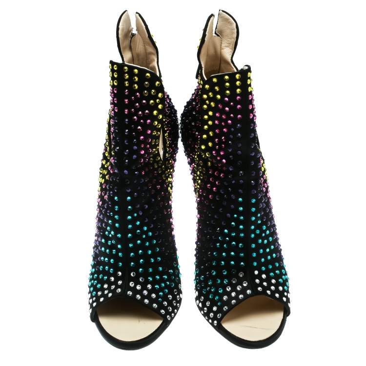 مملوكة مسبقًا Giuseppe Zanotti Black Multicolor Crystal Embellished Suede Ankle Booties Size 39