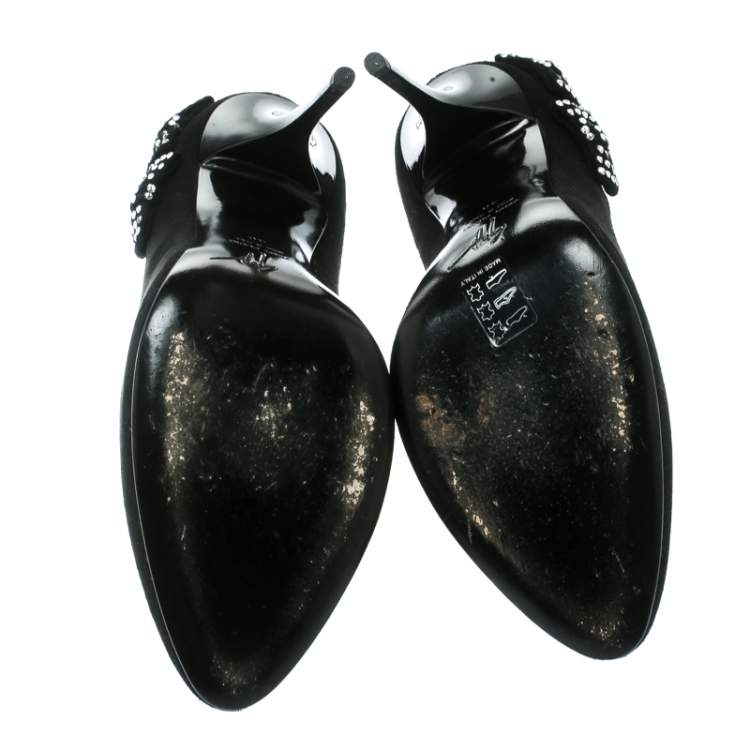 Pre Owned Giuseppe Zanotti Black Crystal Bow Embellished Suede Pumps Size 40
