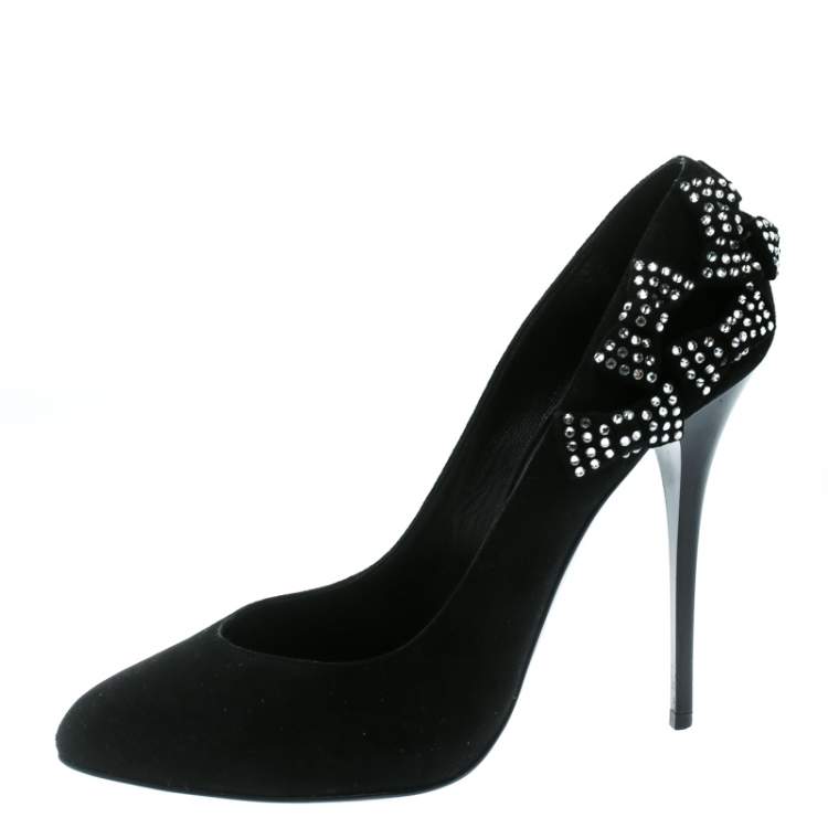 Pre Owned Giuseppe Zanotti Black Crystal Bow Embellished Suede Pumps Size 40