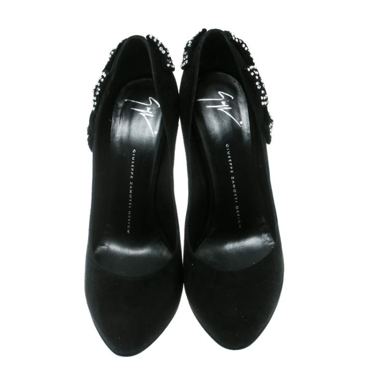 Pre Owned Giuseppe Zanotti Black Crystal Bow Embellished Suede Pumps Size 40