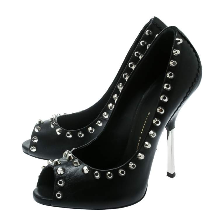 مملوكة مسبقًا Giuseppe Zanotti Black Leather Stud Trim Peep Toe Pumps Size 38