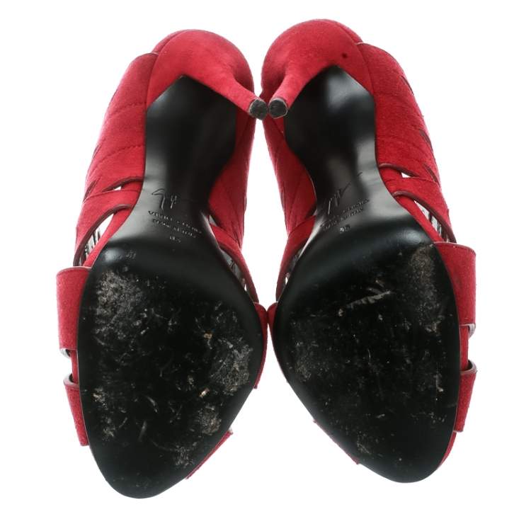 Pre Owned Giuseppe Zanotti Red Cutout Suede Peep Toe Mules Size 35