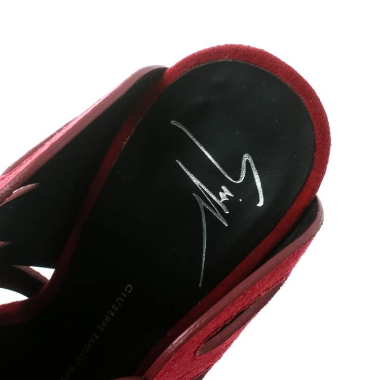Pre Owned Giuseppe Zanotti Red Cutout Suede Peep Toe Mules Size 35