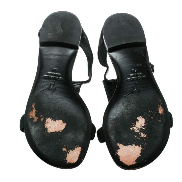 Pre Owned Giuseppe Zanotti Black Nubuck Leather Studded Flat Sandals Size 35