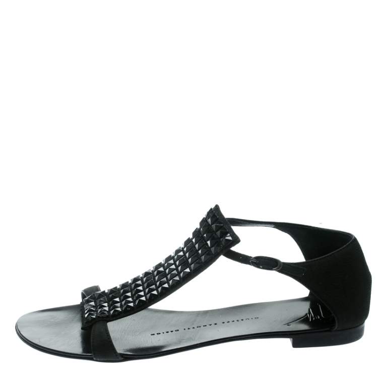 Giuseppe Zanotti Black Nubuck Leather Studded Flat Sandals Size 35