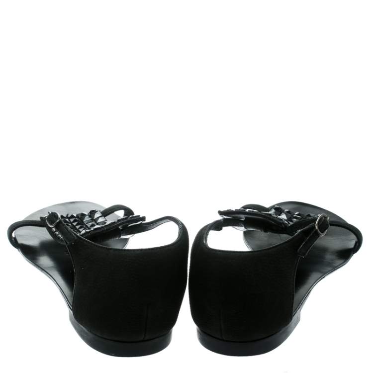 Pre Owned Giuseppe Zanotti Black Nubuck Leather Studded Flat Sandals Size 35