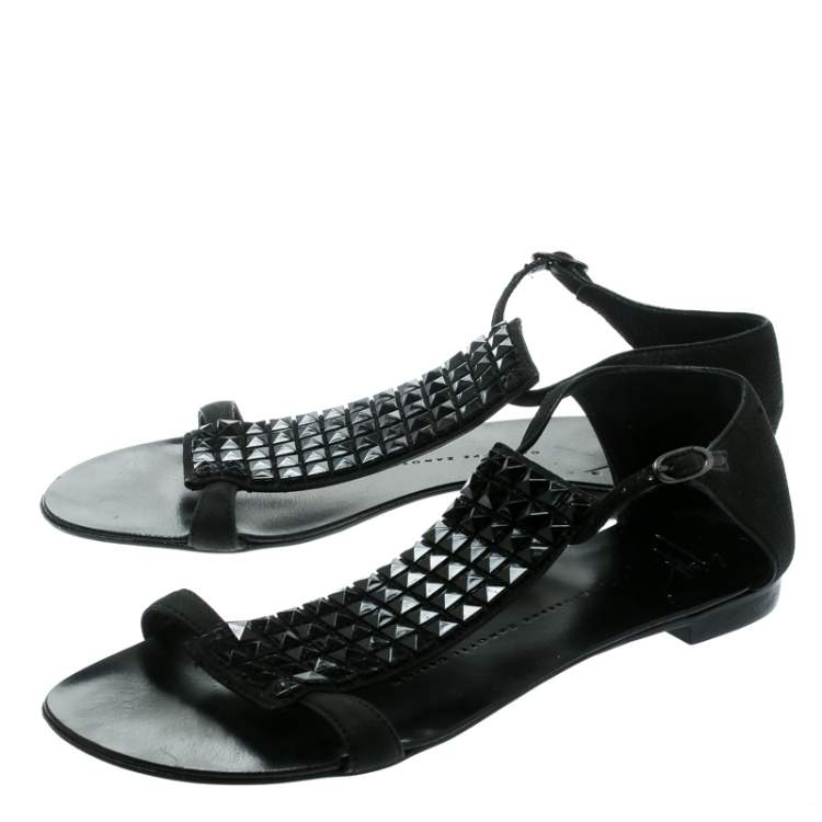 Pre Owned Giuseppe Zanotti Black Nubuck Leather Studded Flat Sandals Size 35