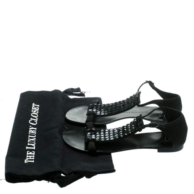 Pre Owned Giuseppe Zanotti Black Nubuck Leather Studded Flat Sandals Size 35