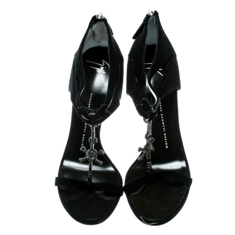 Giuseppe Zanotti Black Suede Skull Embellished T Strap Sandals Size 38