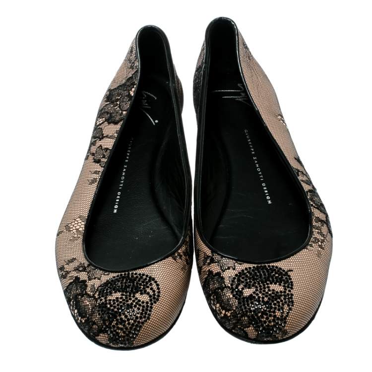 Pre Owned Giuseppe Zanotti Black Mesh and Crystal Embellished Ballet Flats Size 38