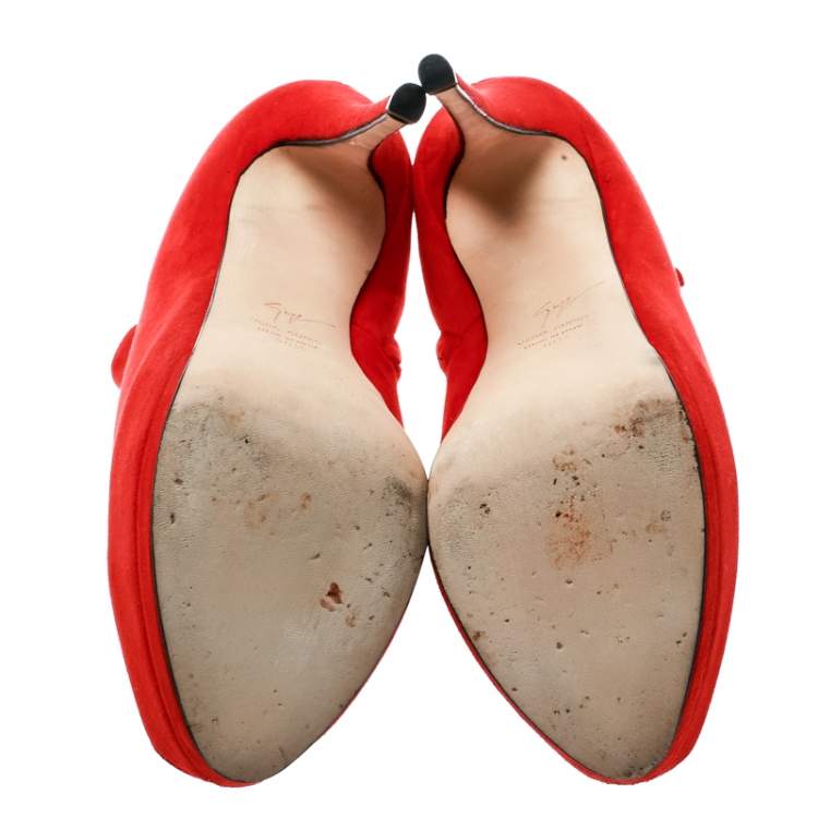 Pre Owned Giuseppe Zanotti Red Suede Ankle Length Peep Toe Platform Booties Size 38.5 