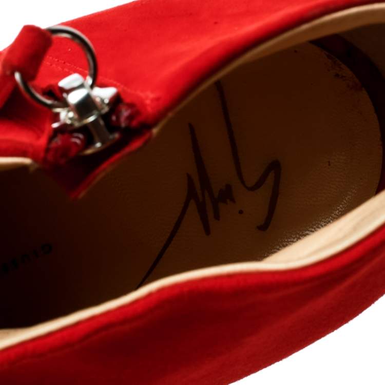 Pre Owned Giuseppe Zanotti Red Suede Ankle Length Peep Toe Platform Booties Size 38.5 