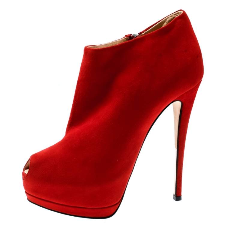 Pre Owned Giuseppe Zanotti Red Suede Ankle Length Peep Toe Platform Booties Size 38.5 