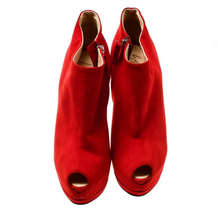 Pre Owned Giuseppe Zanotti Red Suede Ankle Length Peep Toe Platform Booties Size 38.5 