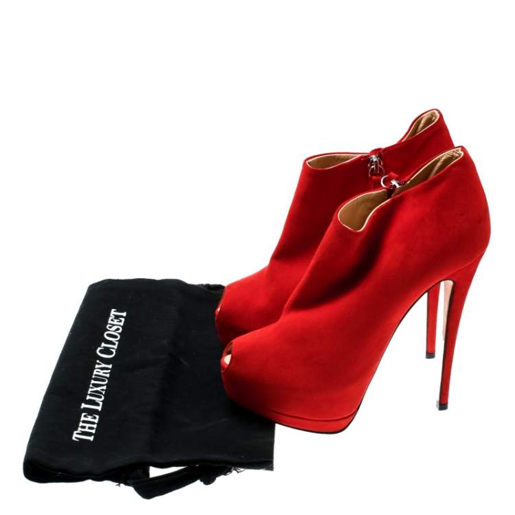 Pre Owned Giuseppe Zanotti Red Suede Ankle Length Peep Toe Platform Booties Size 38.5 