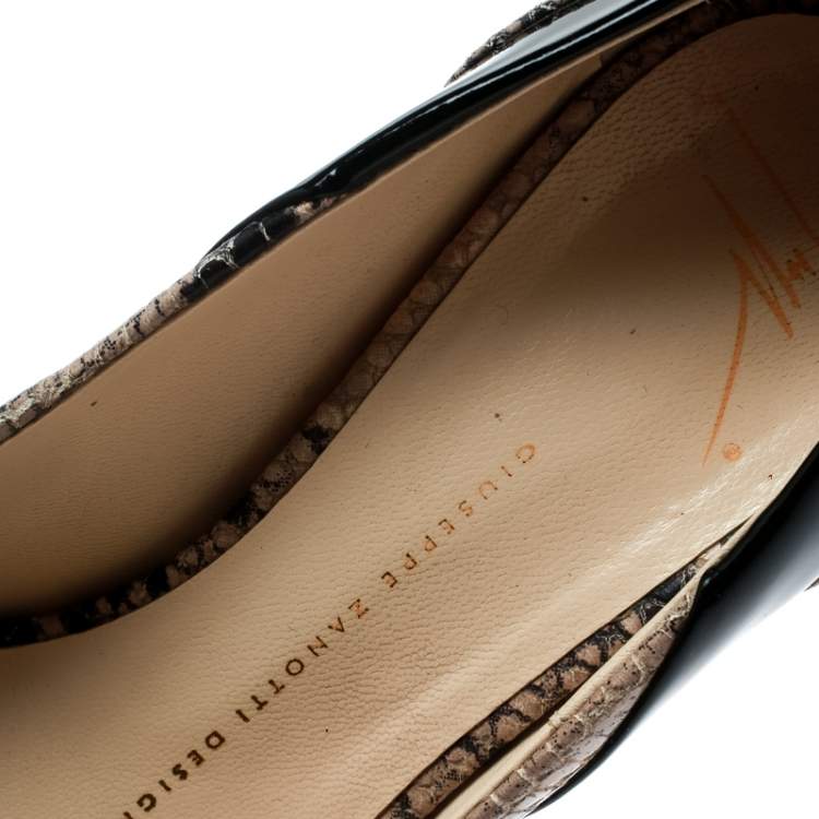 Pre Owned Giuseppe Zanotti Tricolor Embossed Python With Patent Leather Platform Peep Toe Pumps Size 37.5 