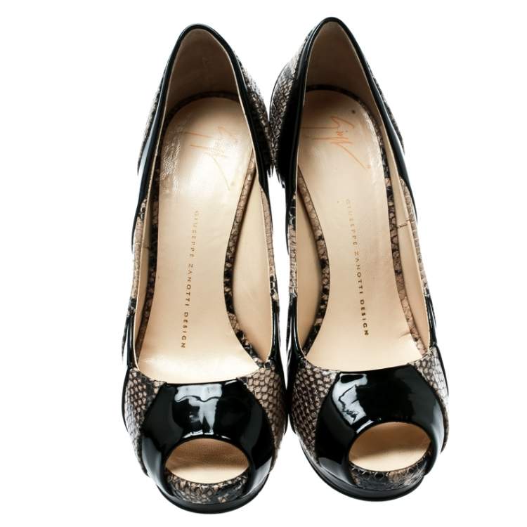 Pre Owned Giuseppe Zanotti Tricolor Embossed Python With Patent Leather Platform Peep Toe Pumps Size 37.5 