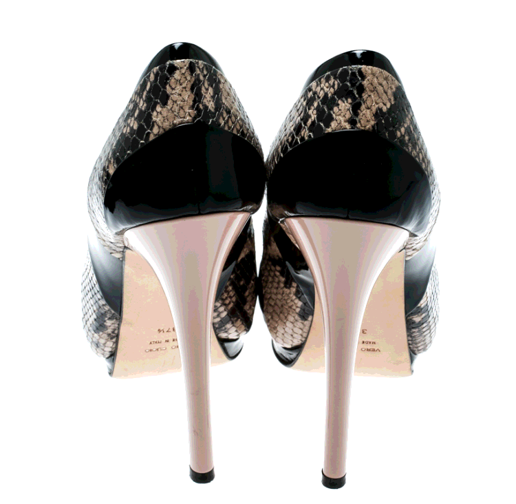 Pre Owned Giuseppe Zanotti Tricolor Embossed Python With Patent Leather Platform Peep Toe Pumps Size 37.5 