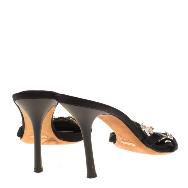 Pre Owned Giuseppe Zanotti Black Satin Crystal Crab Embellished Strappy Slides Size 41