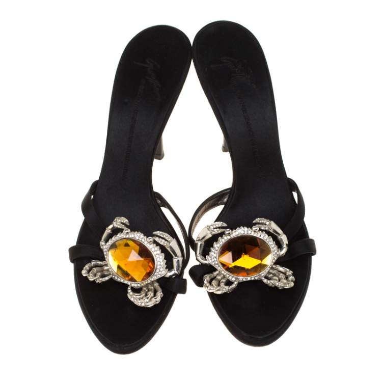 Pre Owned Giuseppe Zanotti Black Satin Crystal Crab Embellished Strappy Slides Size 41