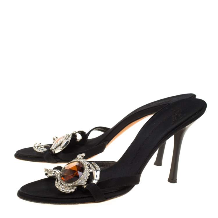 Pre Owned Giuseppe Zanotti Black Satin Crystal Crab Embellished Strappy Slides Size 41