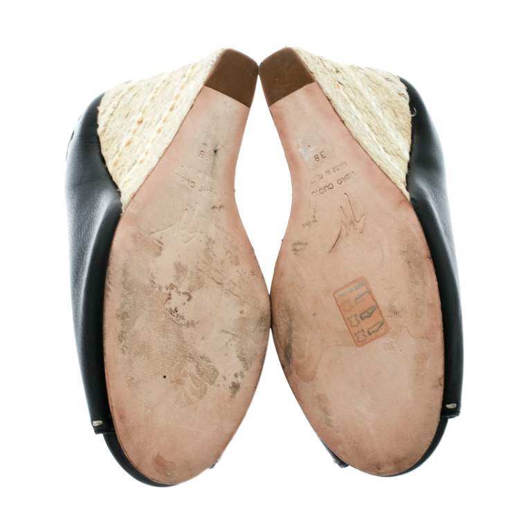 Pre Owned Giuseppe Zanotti Black Leather Espadrille Wedge Peep Toe Mules Size 38