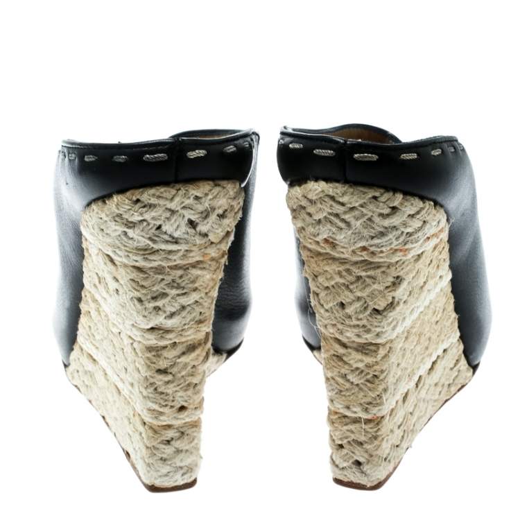 Pre Owned Giuseppe Zanotti Black Leather Espadrille Wedge Peep Toe Mules Size 38