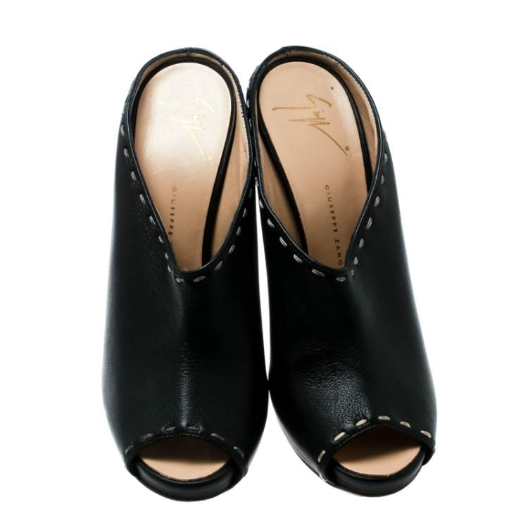 Pre Owned Giuseppe Zanotti Black Leather Espadrille Wedge Peep Toe Mules Size 38