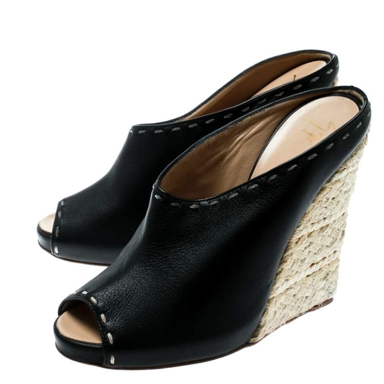 Pre Owned Giuseppe Zanotti Black Leather Espadrille Wedge Peep Toe Mules Size 38