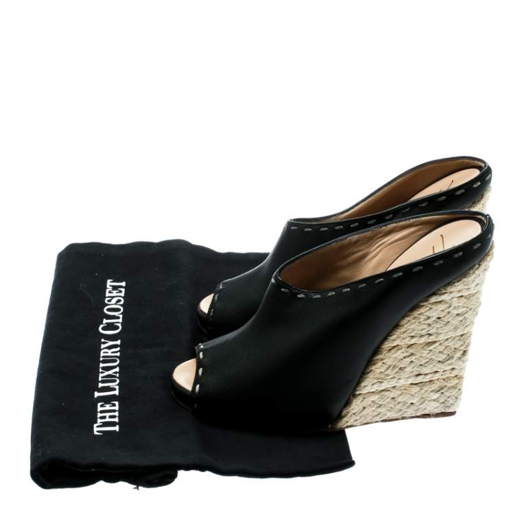 Pre Owned Giuseppe Zanotti Black Leather Espadrille Wedge Peep Toe Mules Size 38