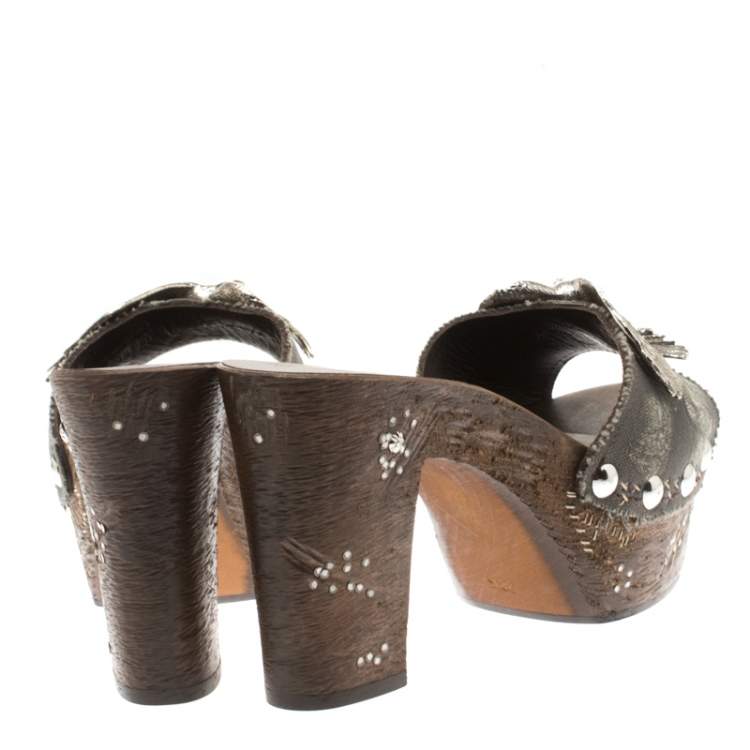 Pre Owned Giuseppe Zanotti Grey Canvas Eagle Embellished Saboot Platform Slides Size 38.5