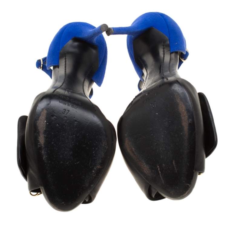 Pre Owned Giuseppe Zanotti Black Leather And Blue Suede Safety Pin Ankle Strap Sandals Size 37