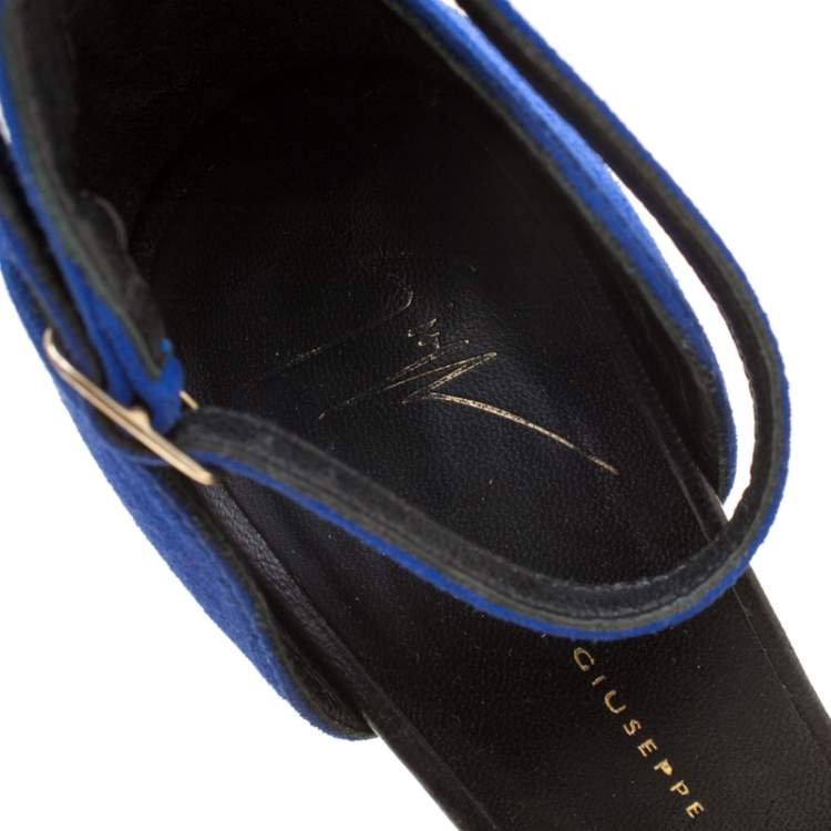 Pre Owned Giuseppe Zanotti Black Leather And Blue Suede Safety Pin Ankle Strap Sandals Size 37