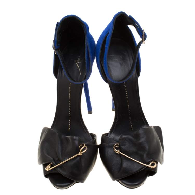 Pre Owned Giuseppe Zanotti Black Leather And Blue Suede Safety Pin Ankle Strap Sandals Size 37