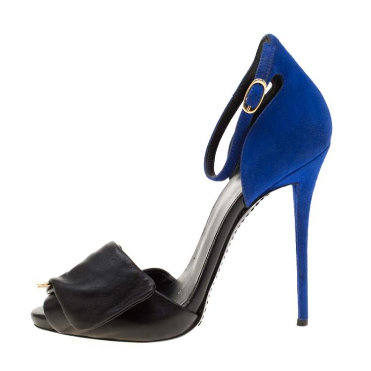 Pre Owned Giuseppe Zanotti Black Leather And Blue Suede Safety Pin Ankle Strap Sandals Size 37